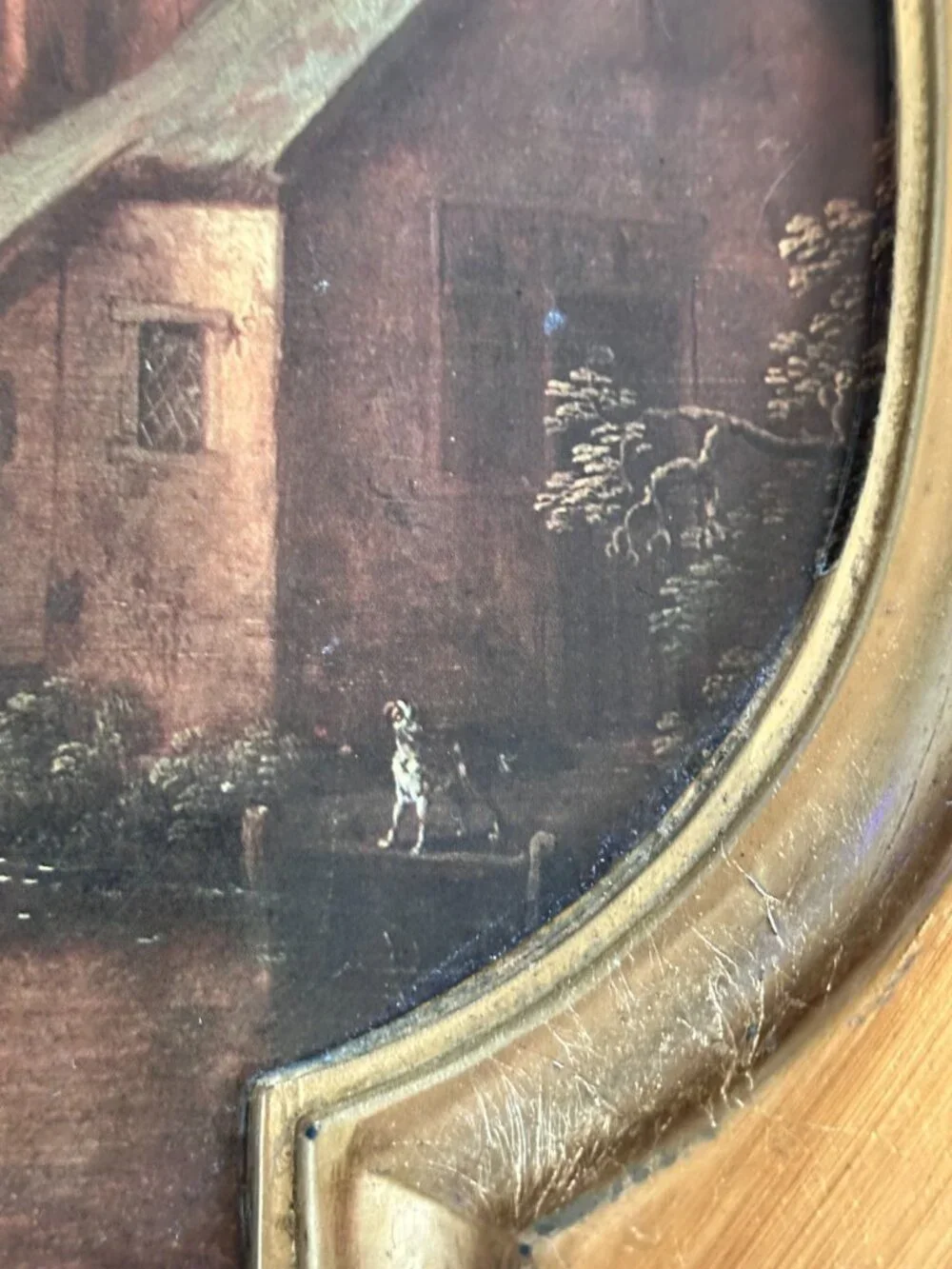 Vintage Italian Framed Dutch Canal Village Print French Tuscan Gold Resin Tray